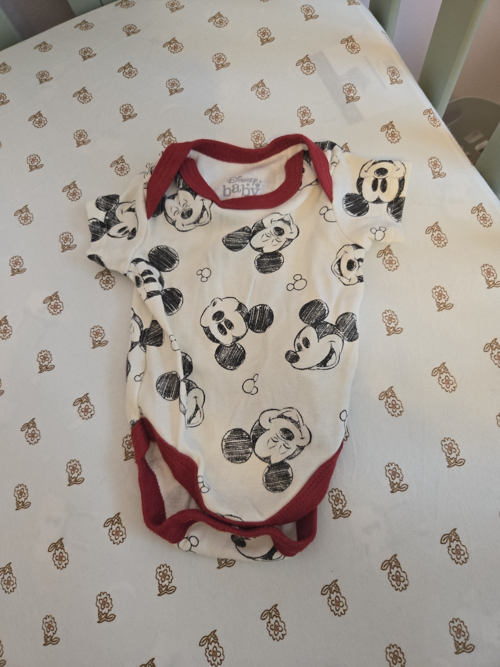 Disney Cream One-Piece with Black Mickey Sketches and Red Trim 0-3m